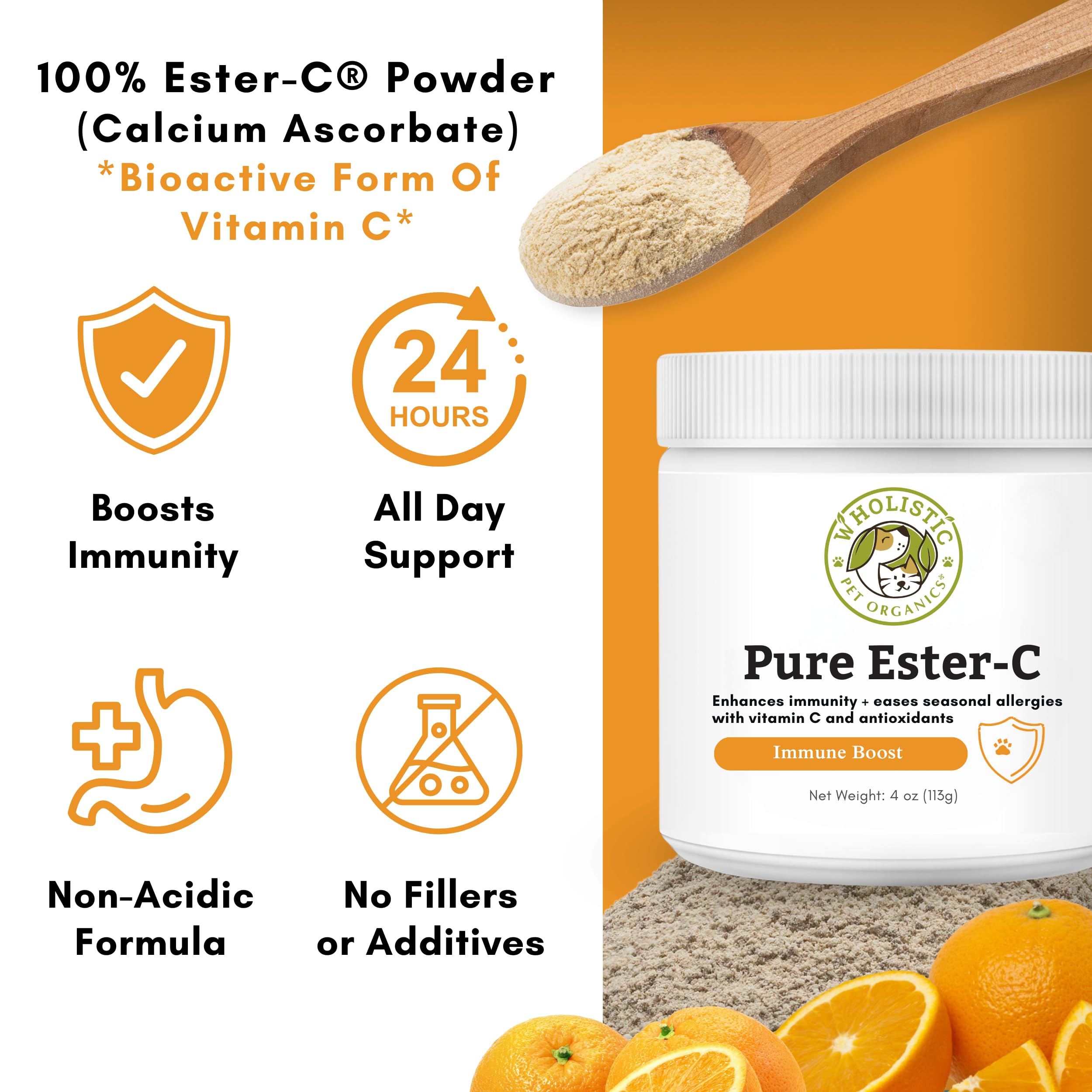 Wholistic Ester-C powder mixed into dog food supports skin and coat vitality
