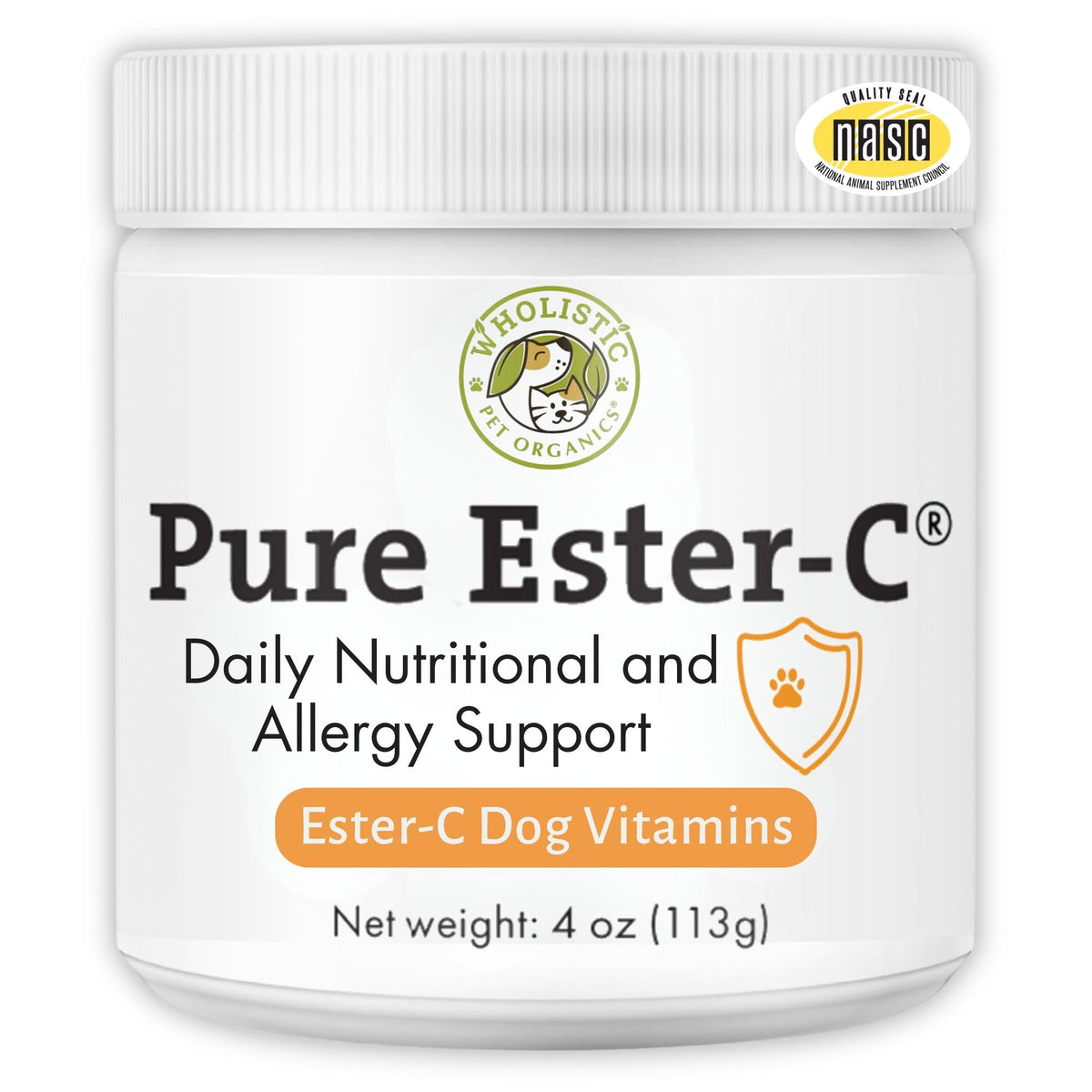 Wholistic Pet Organics Pure Ester-C powder bottle supports immune health in dogs