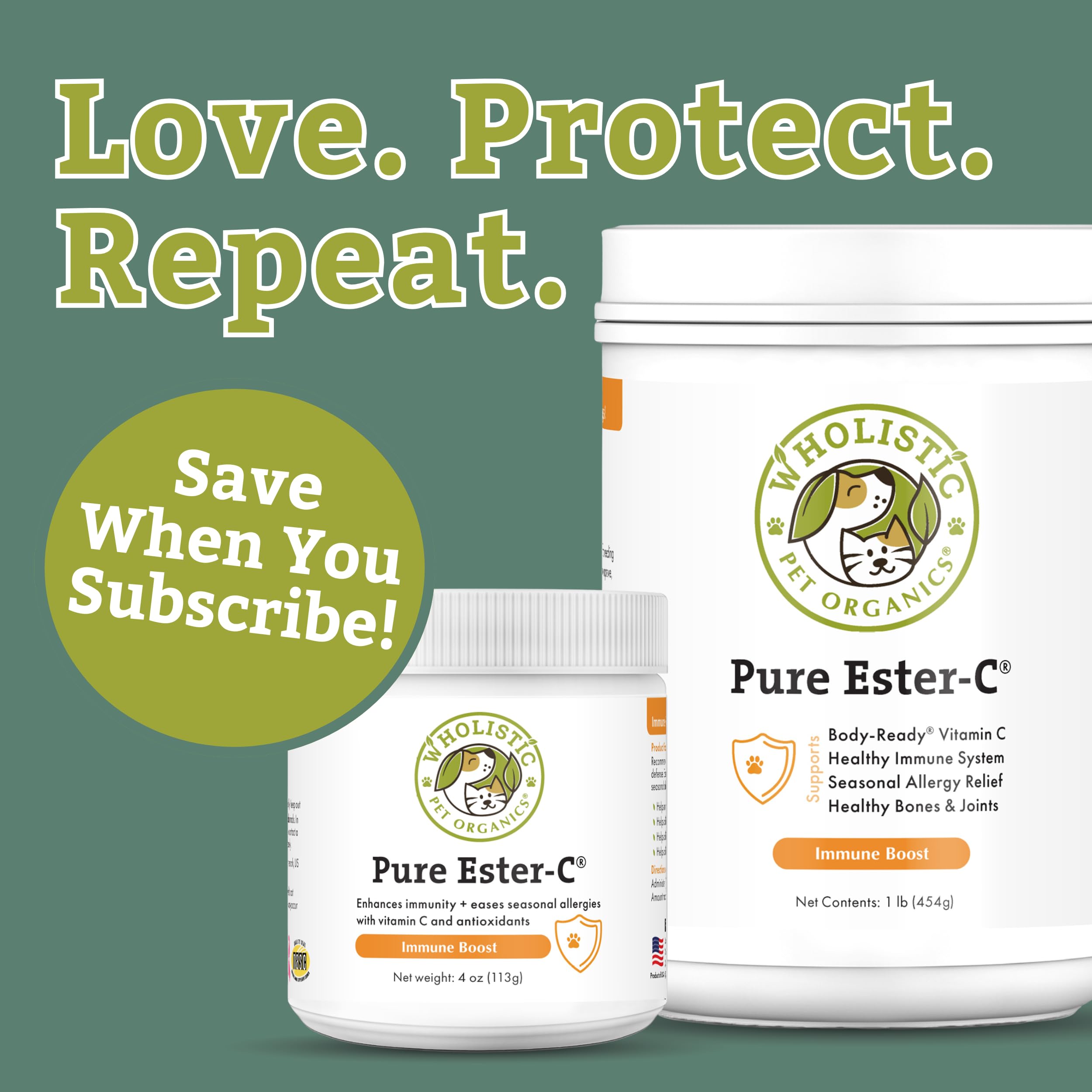 Wholistic Pet Organics Ester-C powder scoop for easy daily allergy relief