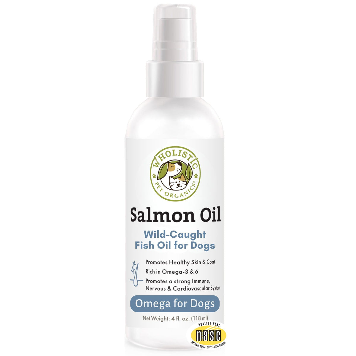 Wholistic Pet Organics salmon oil bottle label emphasizes wild Alaskan origin for omega support.