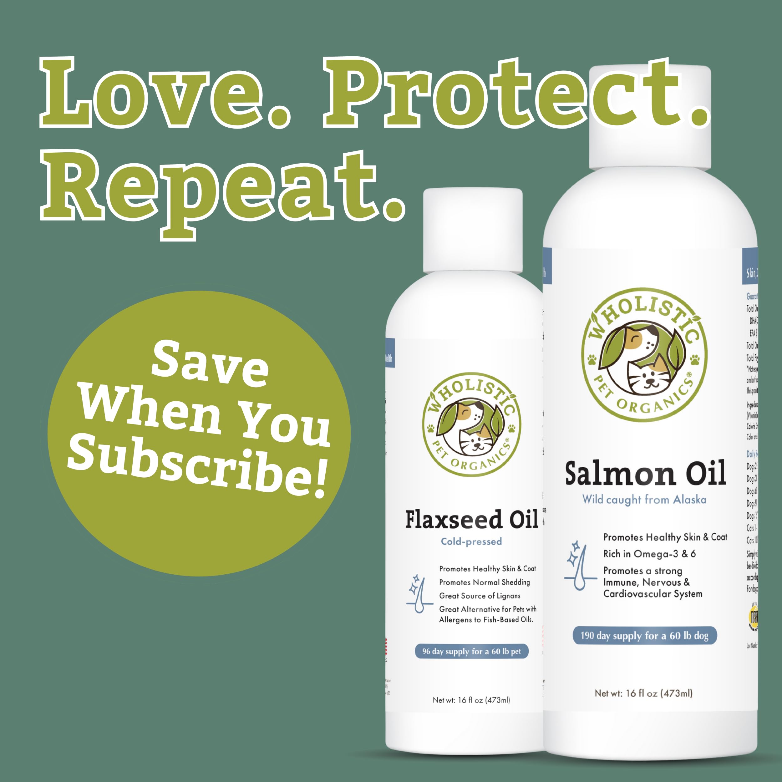Wholistic Pet Organics salmon oil pour shows easy-to-dispense bottle for daily use.