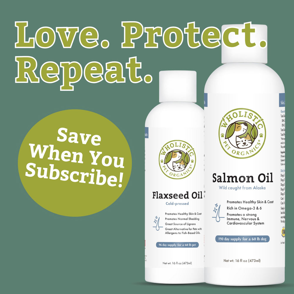Wholistic Pet Organics salmon oil pour shows easy-to-dispense bottle for daily use.