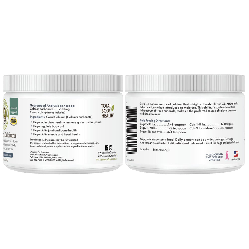 Wholistic Pet Organics Sea Coral Calcium natural marine source.