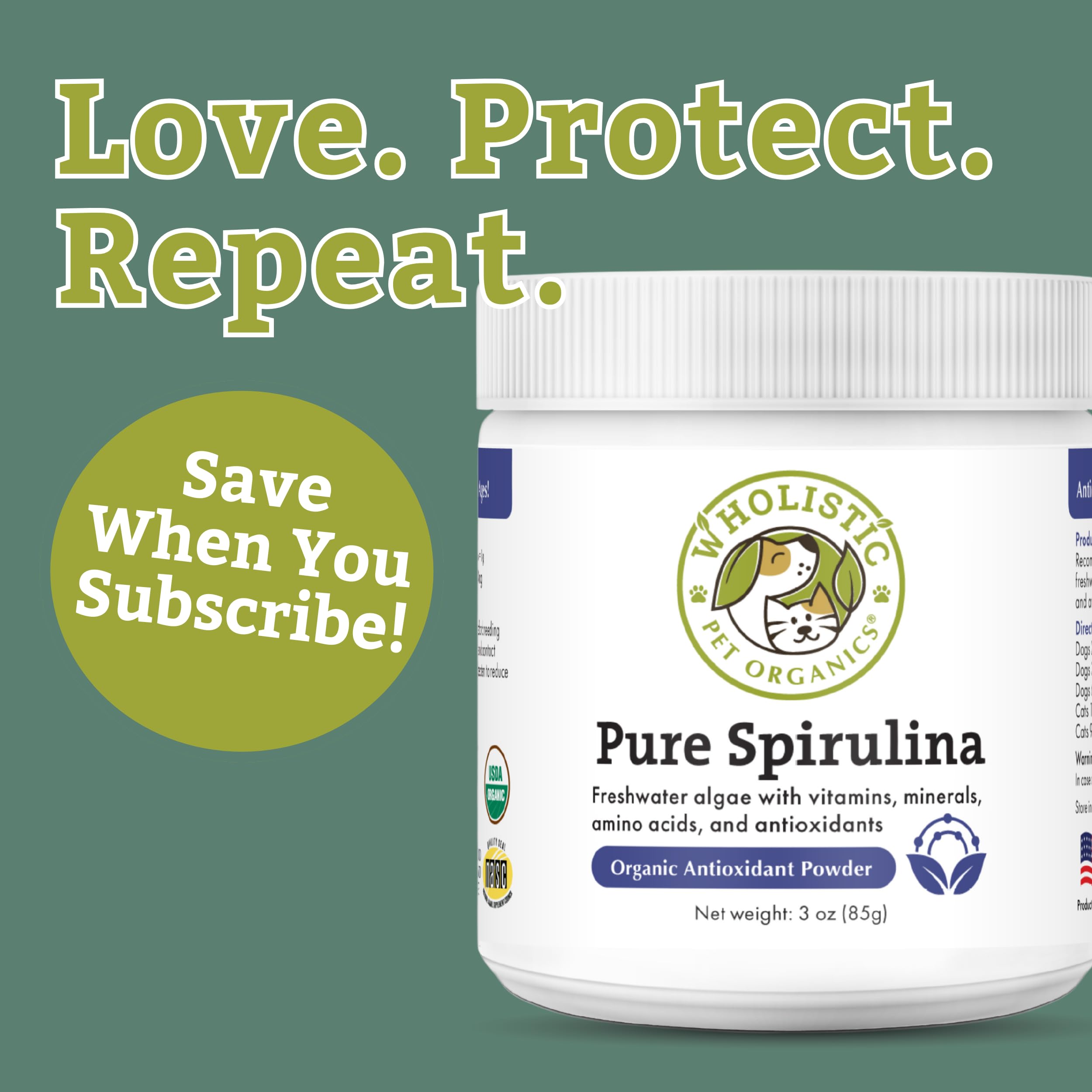 Wholistic Pet Organics Spirulina dog daily dosage spoon highlighting easy daily topping.
