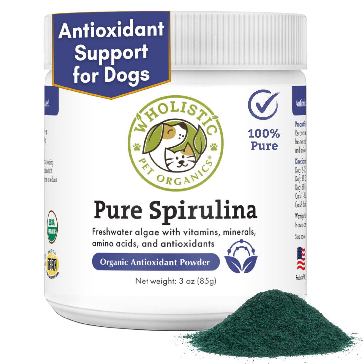 Wholistic Pet Organics Spirulina for Dogs bottle closeup showing organic powder for immune support.