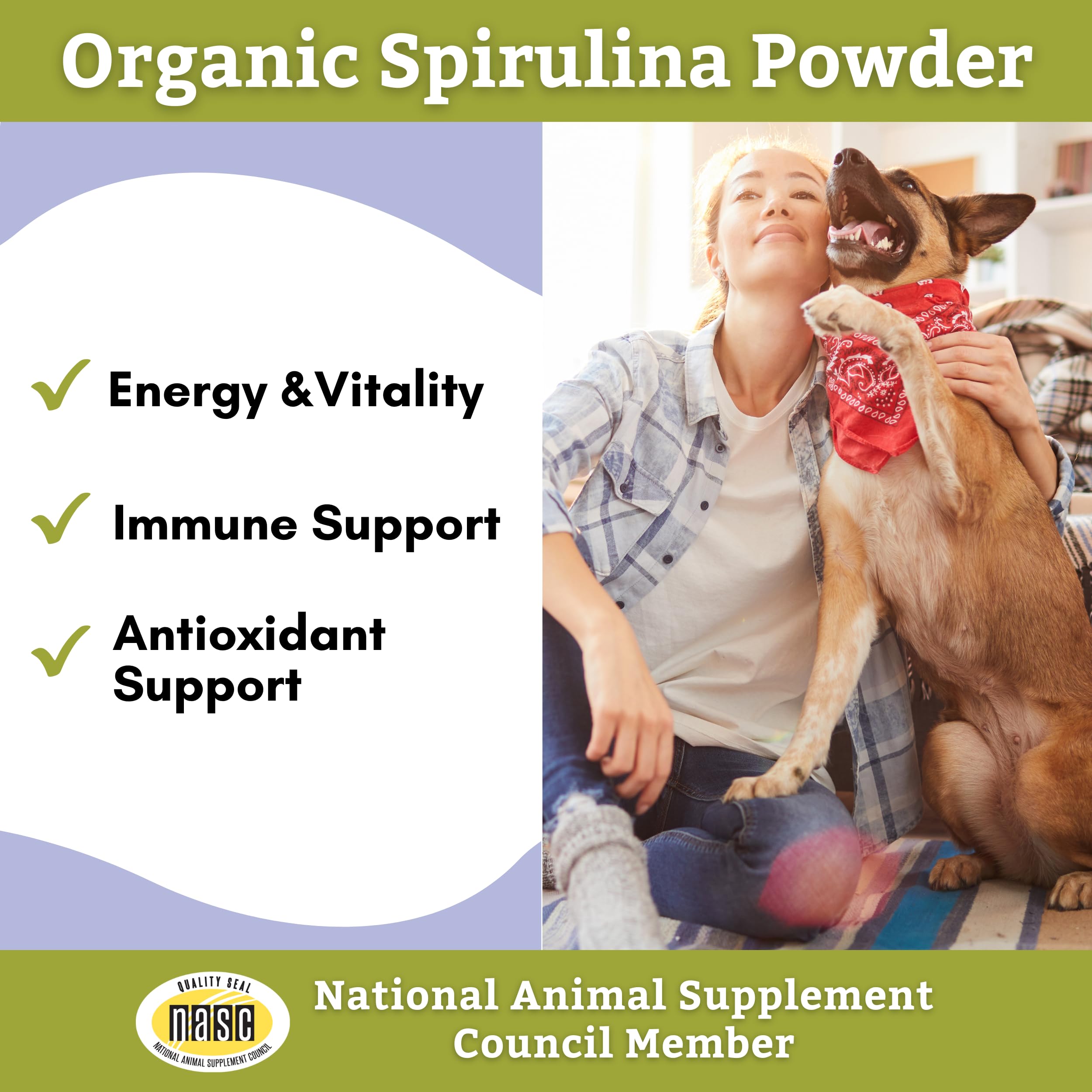 Wholistic Pet Organics Spirulina ingredient label highlights clean organic ingredients.
