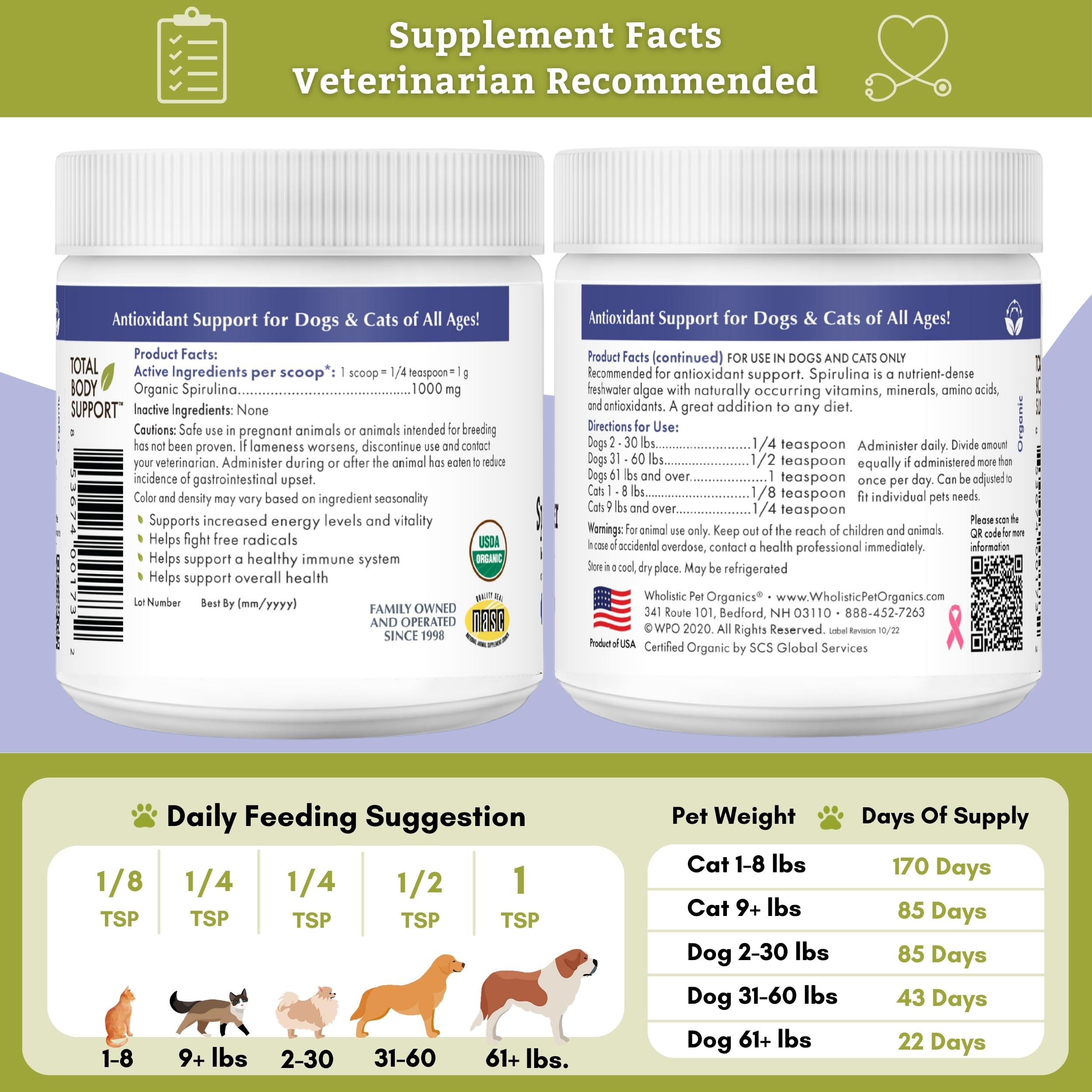 Wholistic Pet Organics Spirulina packaging back-of-label highlights quality certifications.