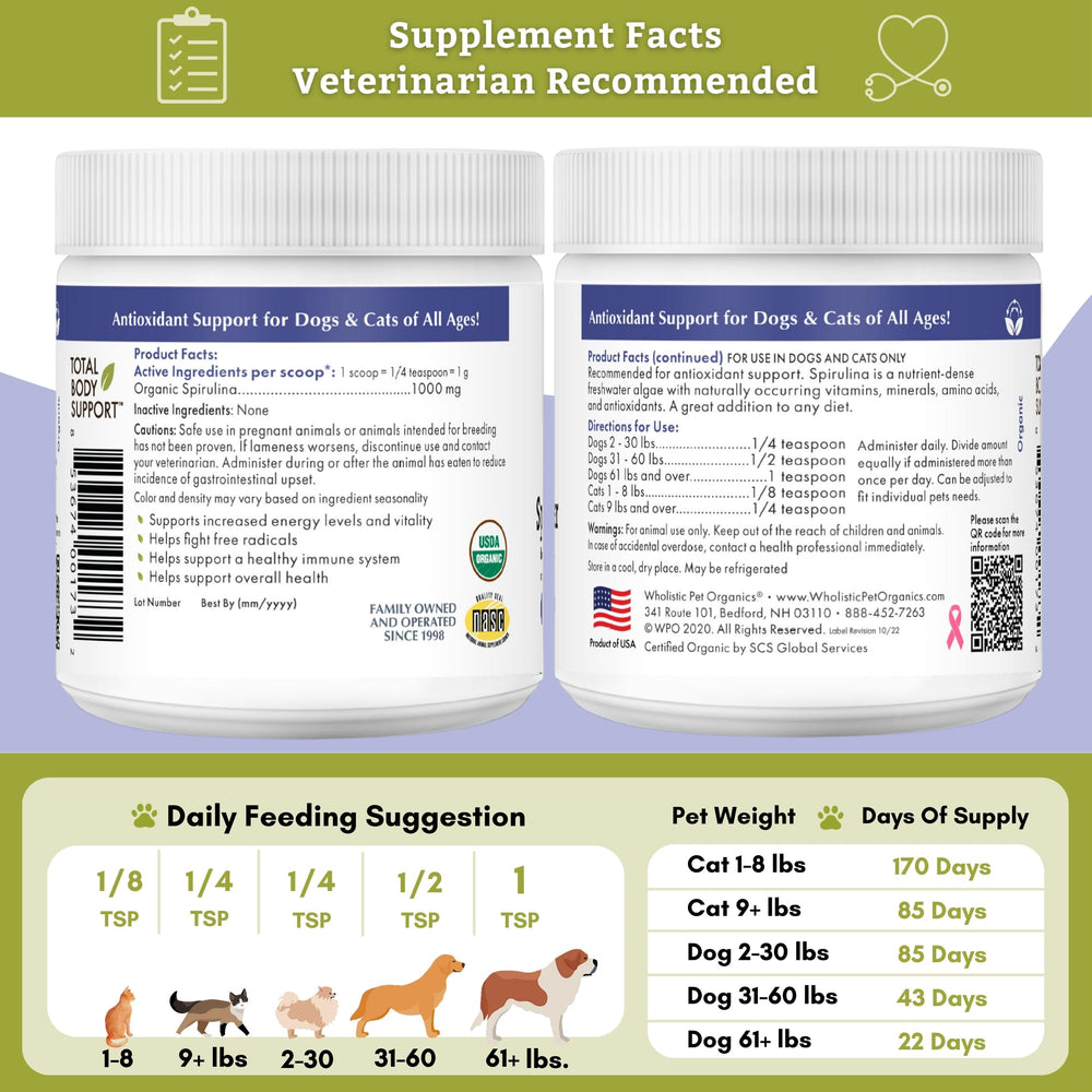 Wholistic Pet Organics Spirulina packaging back-of-label highlights quality certifications.
