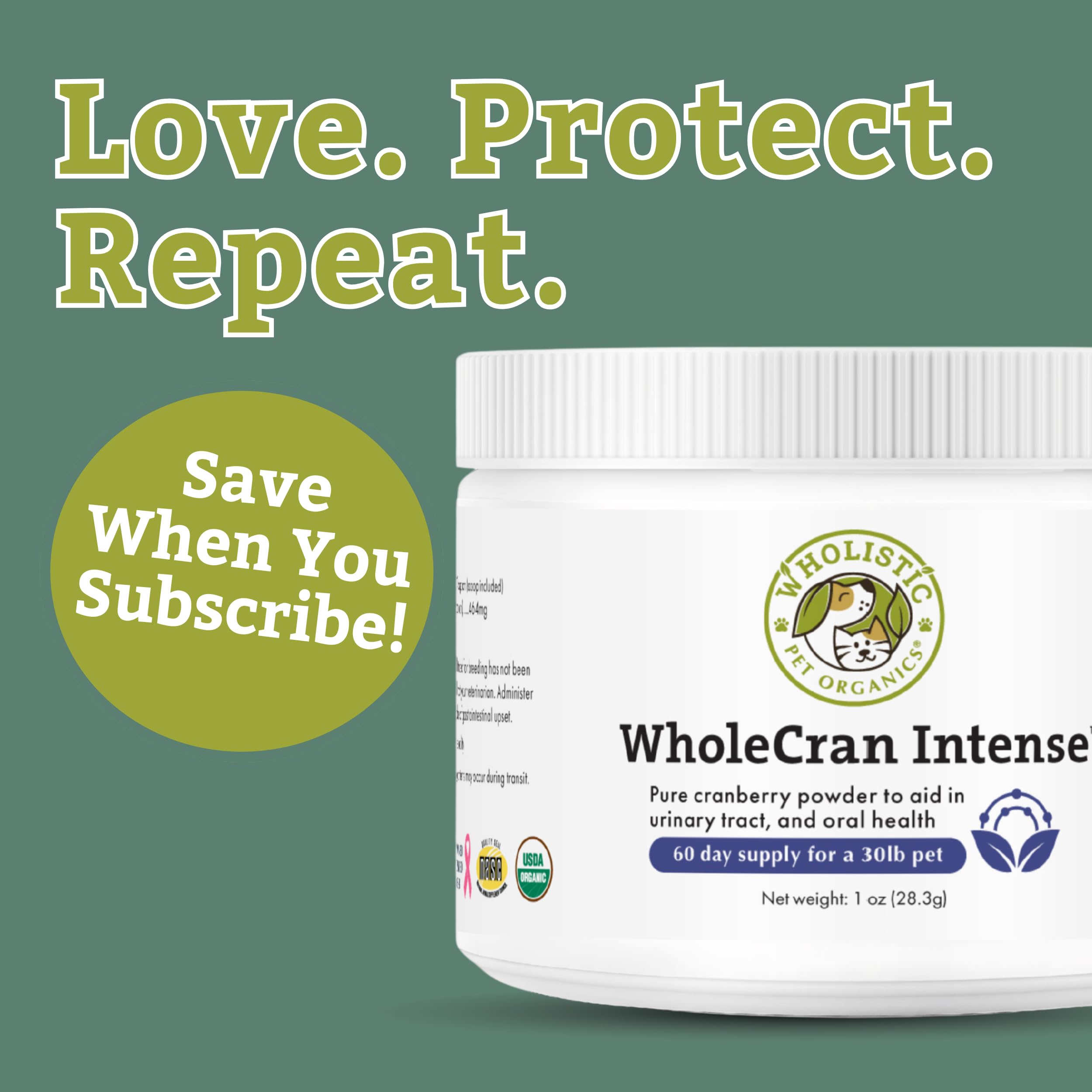 Wholistic Pet Organics WholeCran Intense cranberry powder with scoop for easy daily dosing.