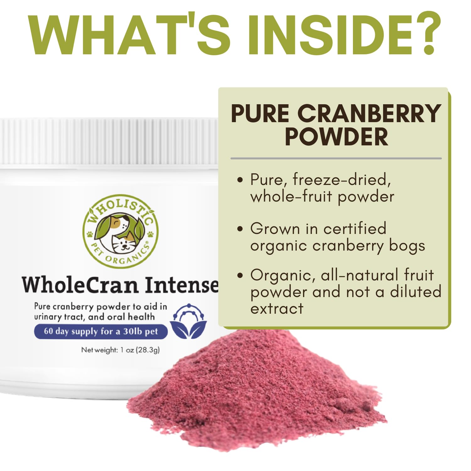 Wholistic Pet Organics WholeCran Intense dog being fed powder over a meal.