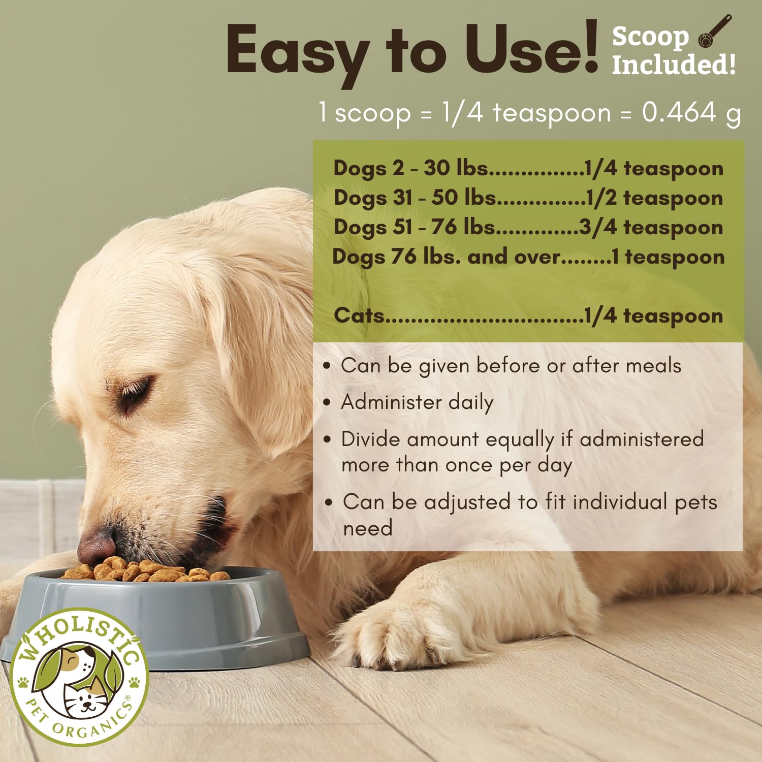 Wholistic Pet Organics WholeCran Intense jar with scoop for easy daily dosing.