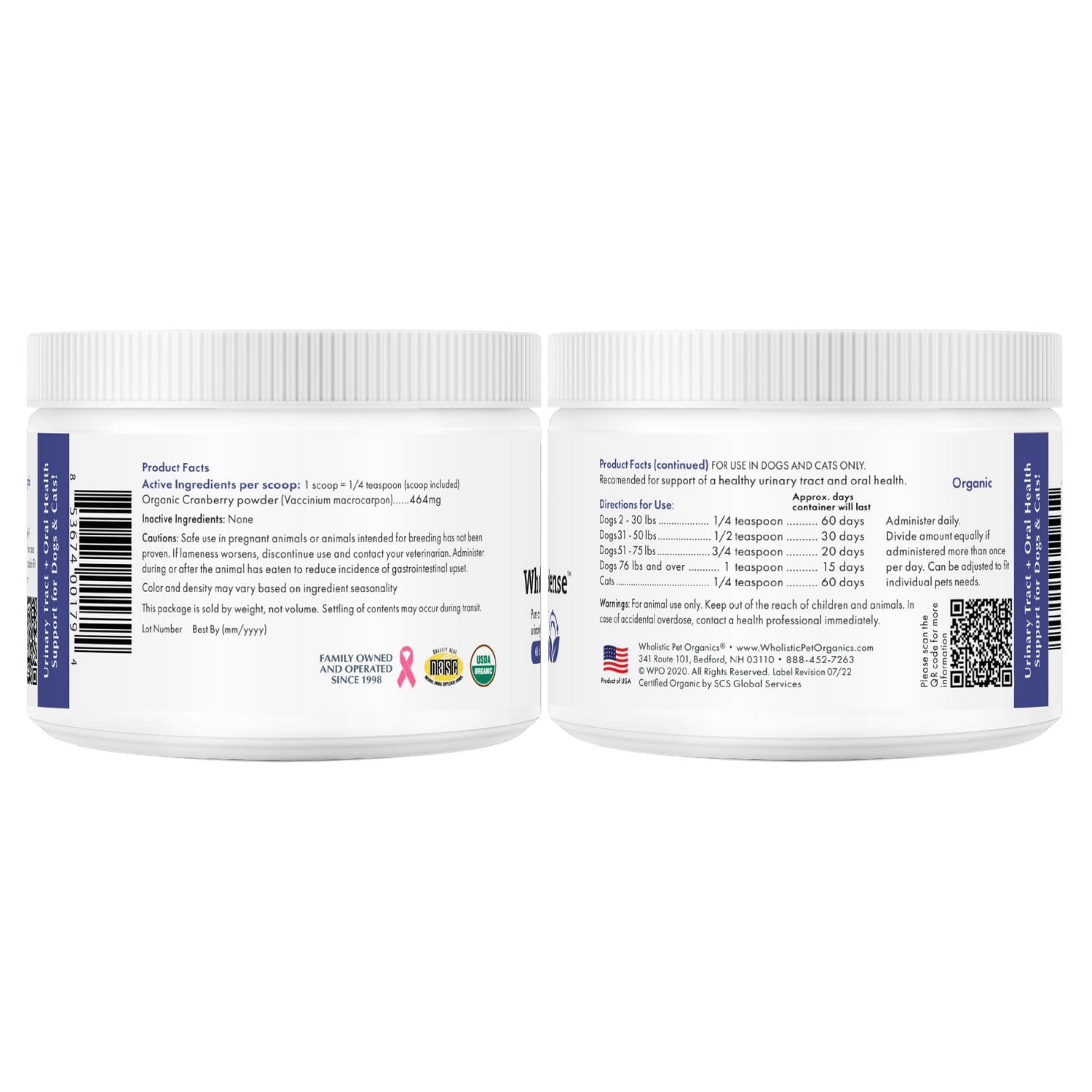 Wholistic Pet Organics WholeCran Intense cranberry powder for urinary wellness boost.