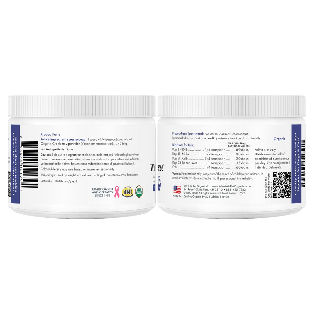 Wholistic Pet Organics WholeCran Intense cranberry powder for urinary wellness boost.
