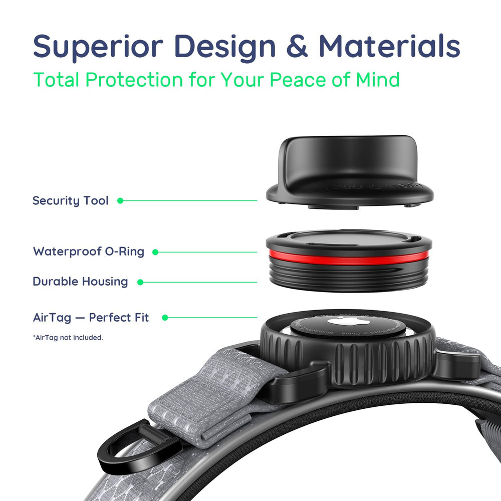 WhoseID collar features an Airtag holder for reliable pet tracking on adventures.