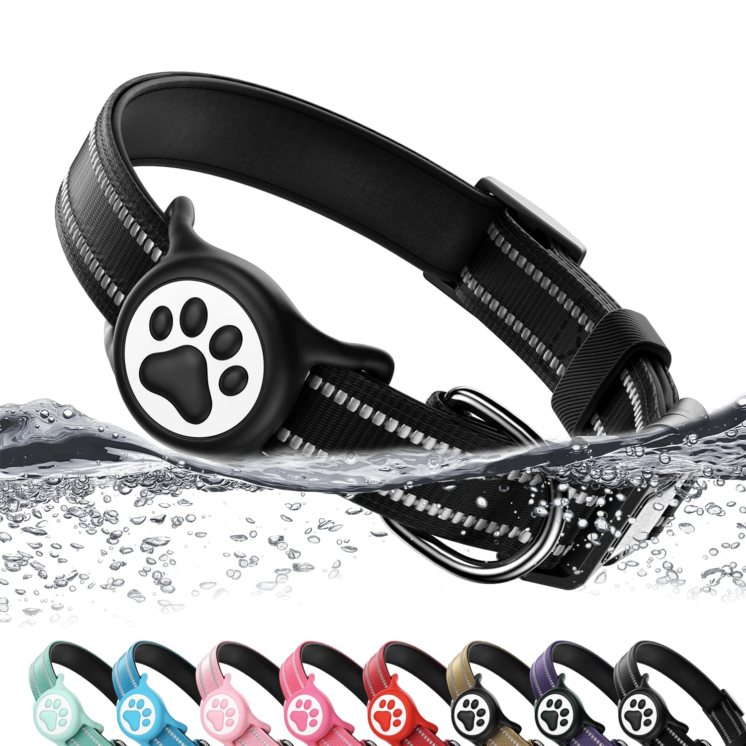 WhoseID Airtag Dog Collar black front view for daily safety and identification