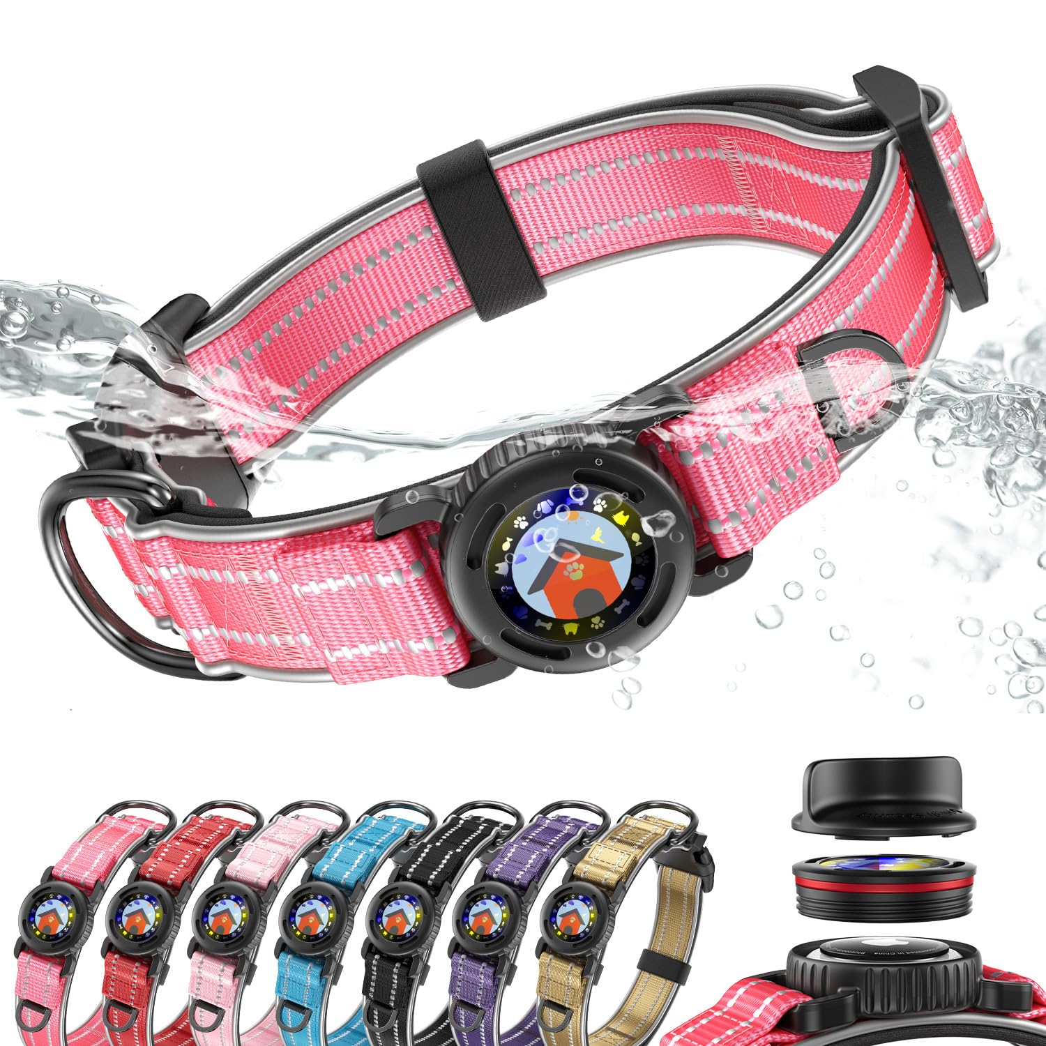 WhoseID Airtag Dog Collar closeup with integrated holder for reliable AirTag tracking.