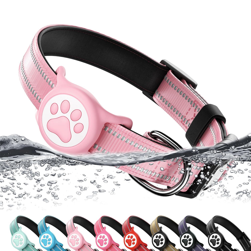 WhoseID Airtag dog collar holder closeup shows secure AirTag slot for reliable pet tracking