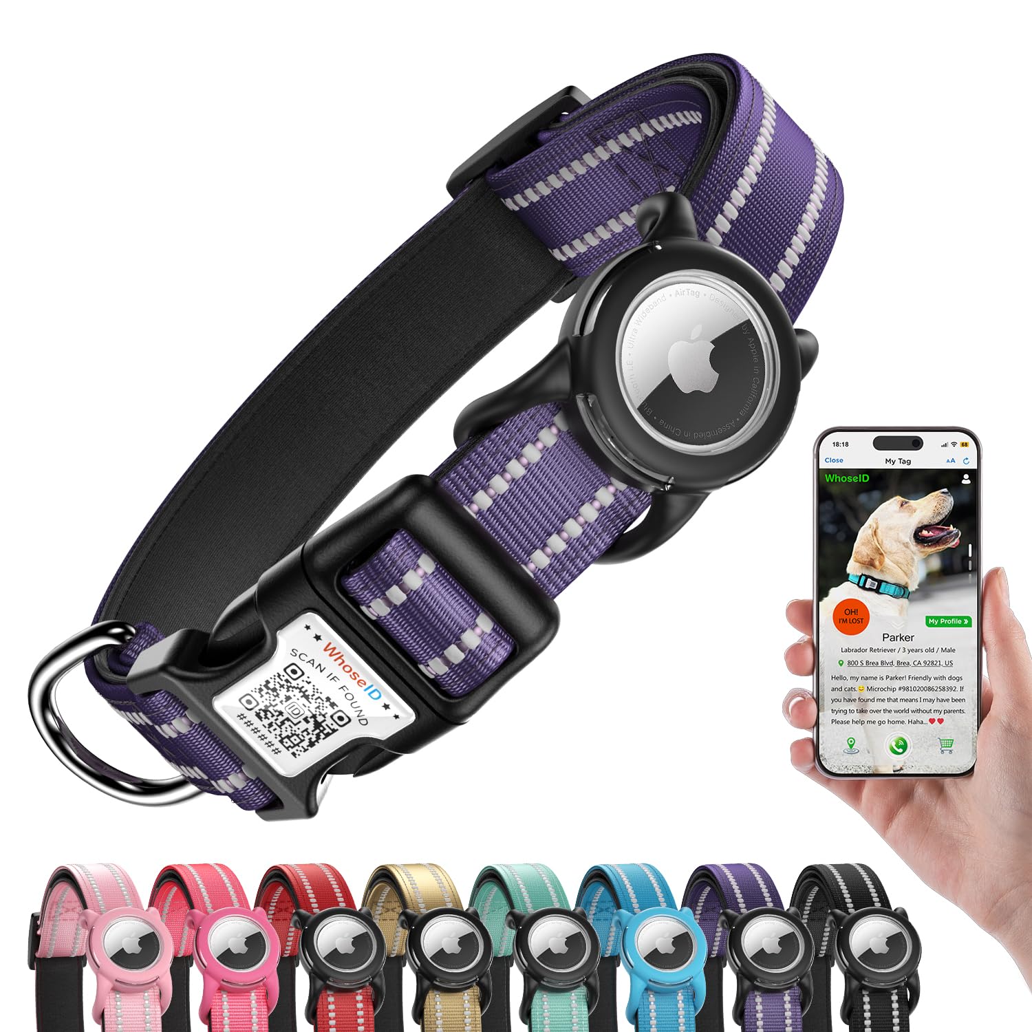 WhoseID dog collar QR buckle close-up showing digital ID for quick recovery.