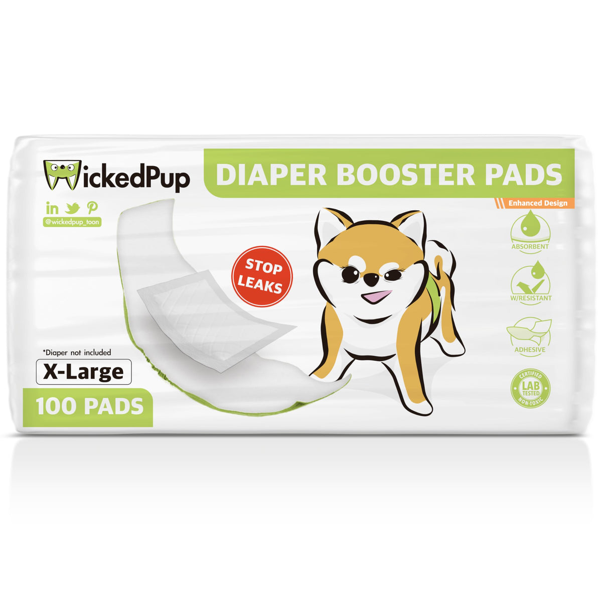 WICKEDPUP dog diaper liner packaging showcases 100 count box for easy refills.