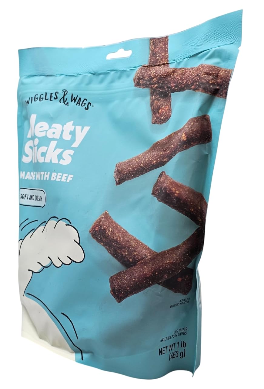 Wiggles & Wags beef meaty sticks closeup of chewy sticks for training rewards.