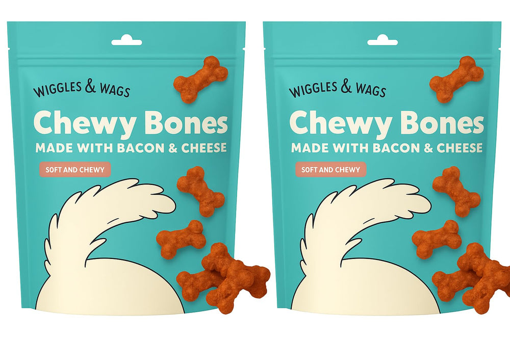 Wiggles &amp; Wags Chewy Bones bacon-cheese pack closeup, ideal for quick training rewards.