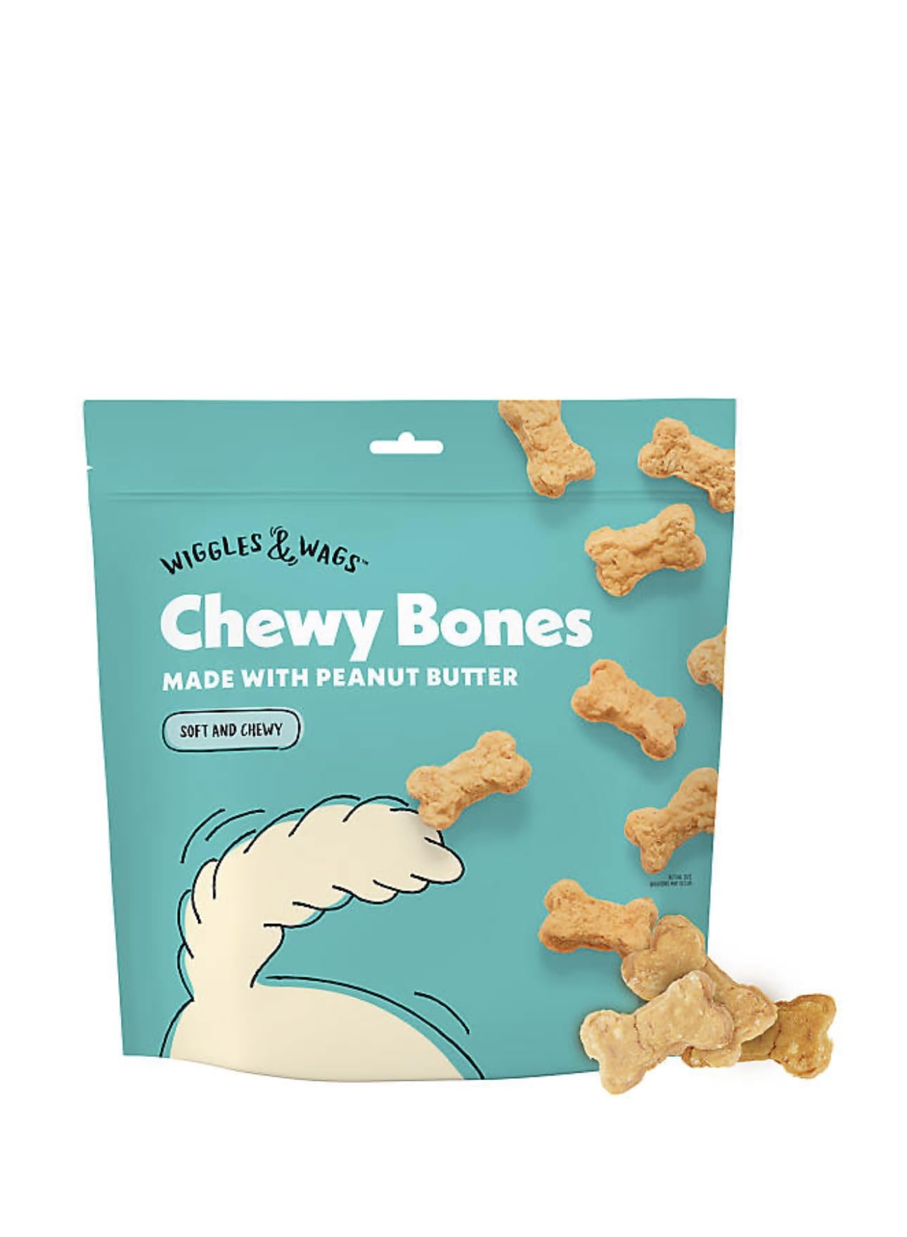 Wiggles & Wags Chewy Bones peanut butter bag front, ideal training reward.