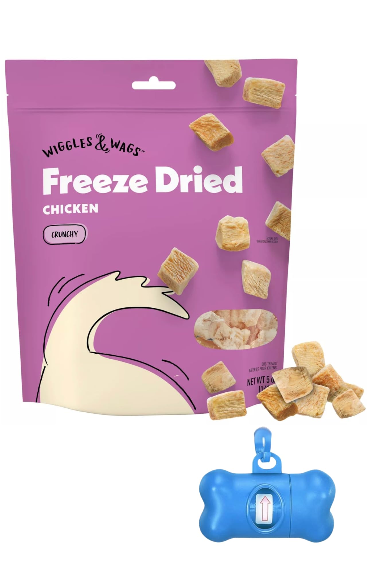 Wiggles & Wags freeze dried chicken treats in 5 oz packaging for training rewards.