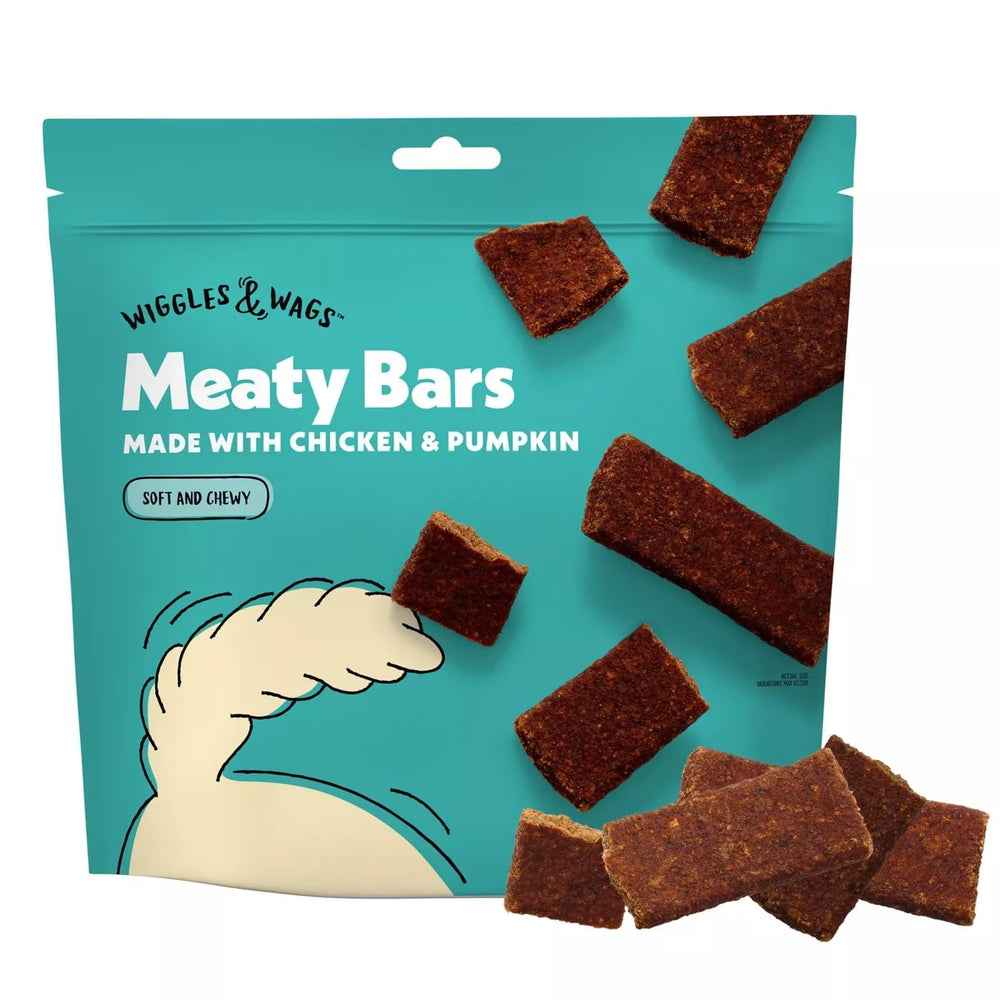 Wiggles & Wags Meaty Bars chicken pumpkin pack offers a flavorful canine reward.