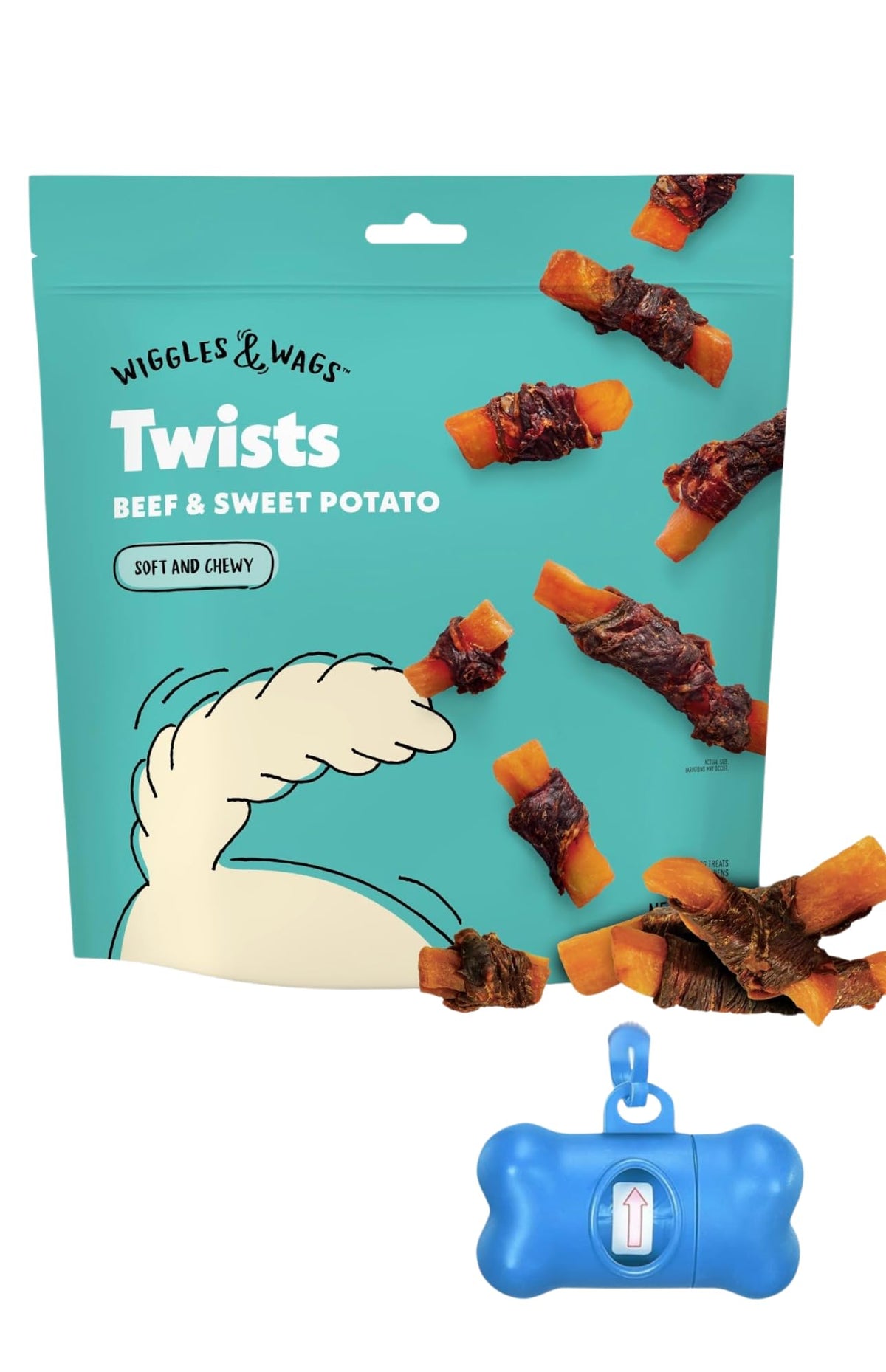 Wiggles & Wags Twists beef and sweet potato treats in a resealable bag for training.