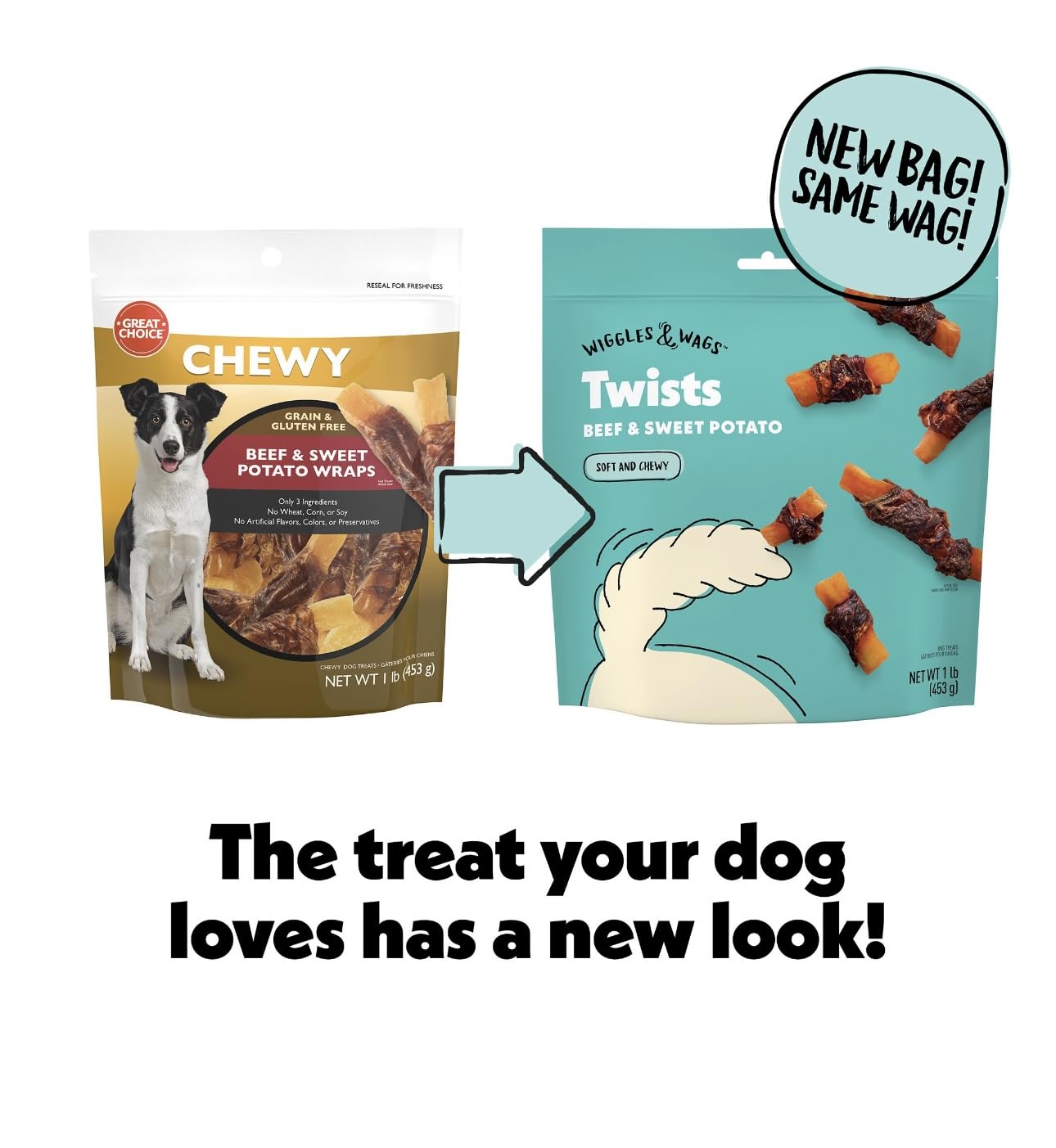 Wiggles & Wags Twists grain-free dog treats with chewy texture for all sizes.