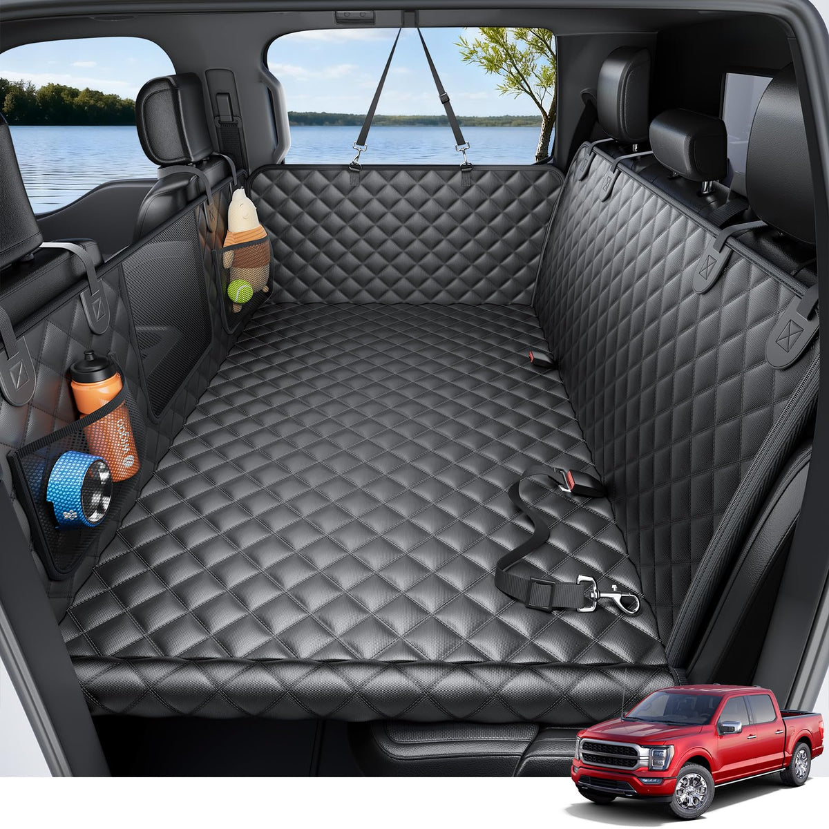 Wigoo dog truck seat cover back-seat hammock provides secure space for large dogs on road trips.