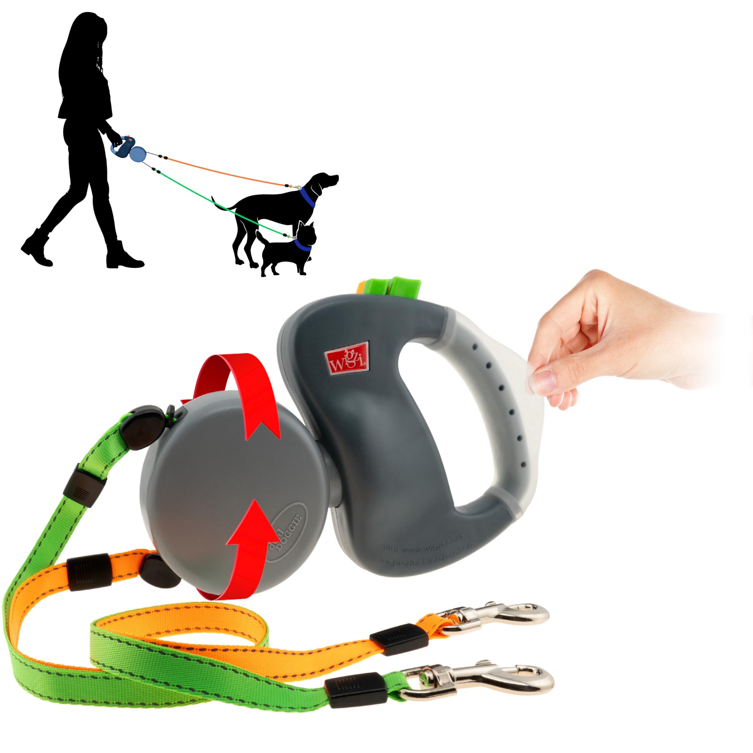 WIGZI 2025 edition dual leash showing silicone gel handle for smooth two-dog walks