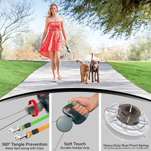 WIGZI Dual Doggie 10-foot reach per dog for relaxed, roomy walks.