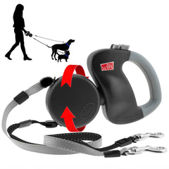 WIGZI dual doggie leash black extended for tangle-free two-dog walks at night