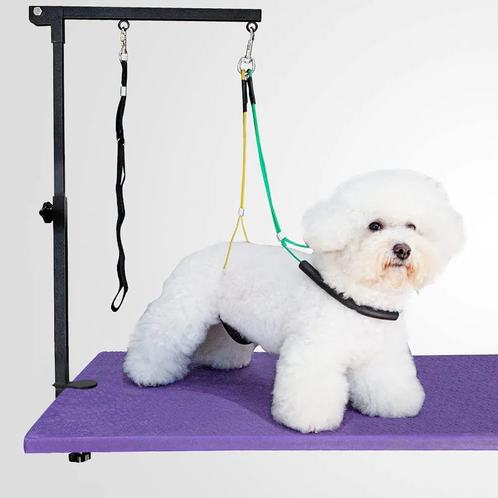Wikdey adjustable dog grooming arm clamps provide secure control during home grooming sessions.