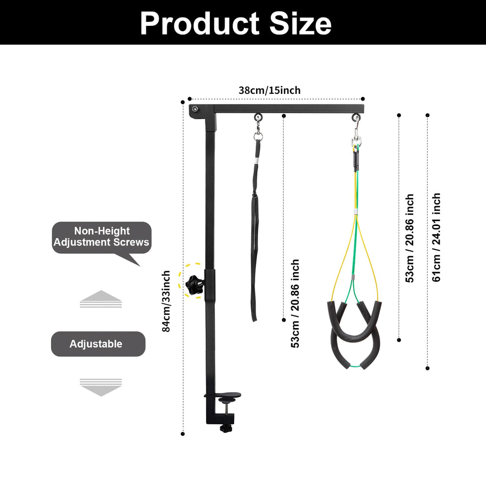 Wikdey adjustable height dog grooming arm highlights versatile positioning for small dogs.