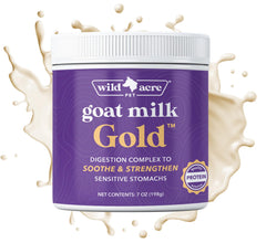 Wild Acre Goat Milk Powder dog bowl-serve demonstrates easy mixing for a tasty supplement.
