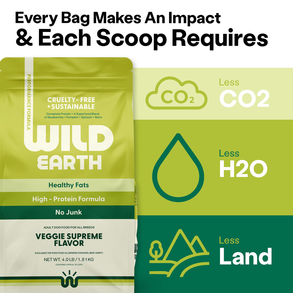 Wild Earth USA-made label on bag emphasizing domestically produced vegan dog food.