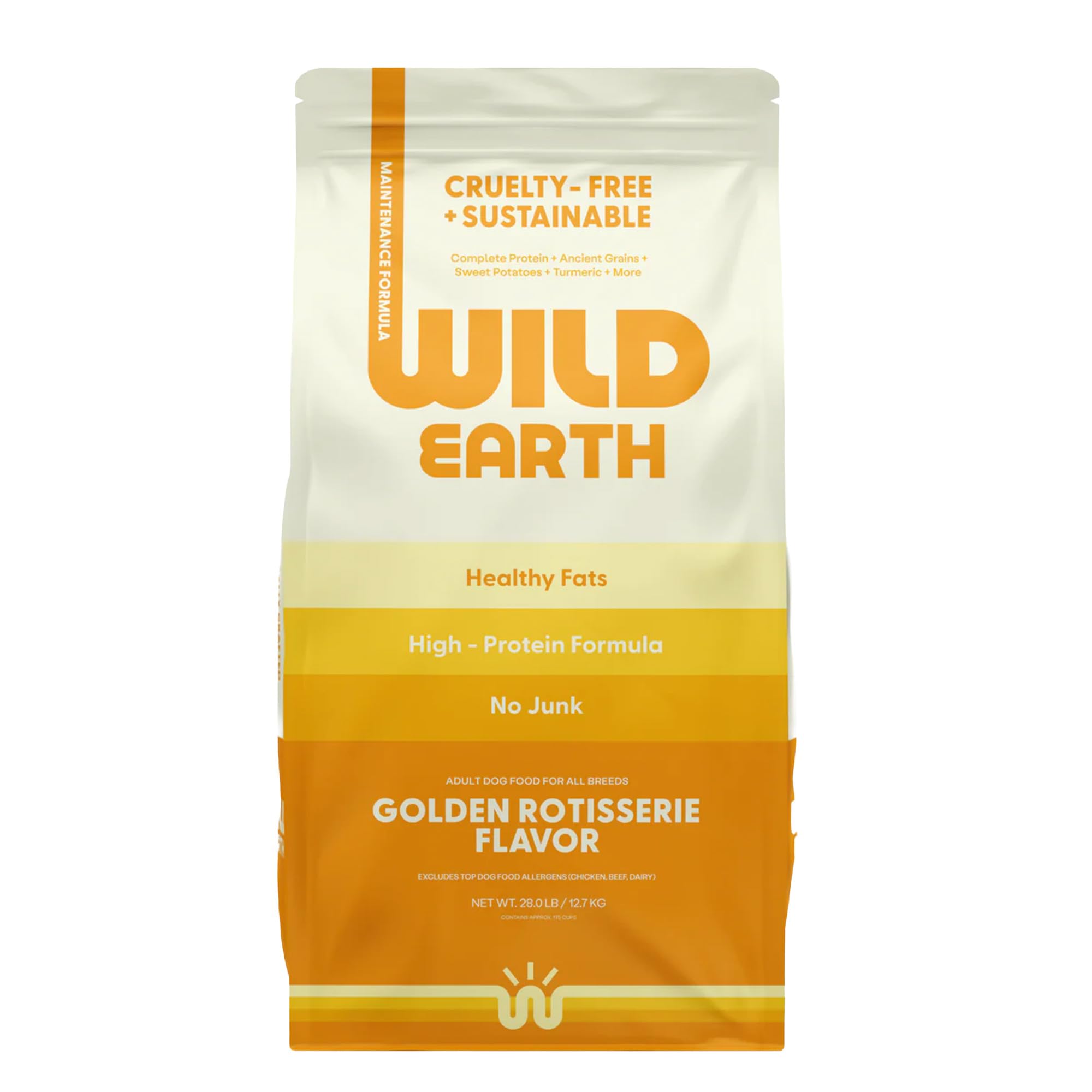 Wild Earth vegan dry dog food bag in golden-rotisserie flavor offers premium plant-based nutrition.