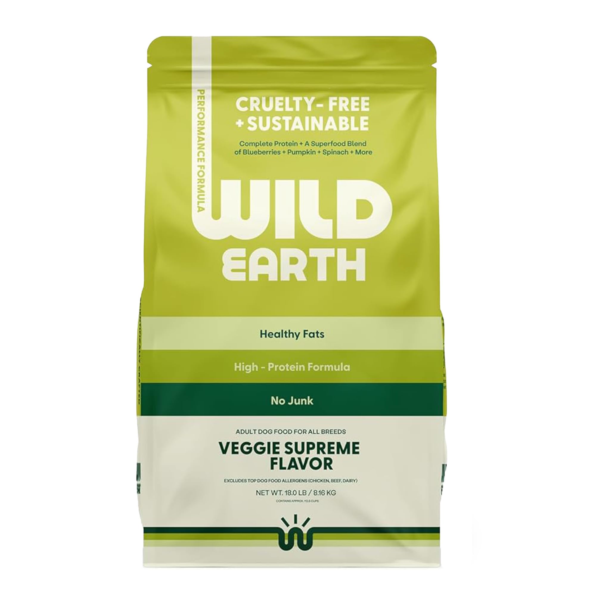Wild Earth Veggie Supreme bag front showing plant-based nutrition for active dogs