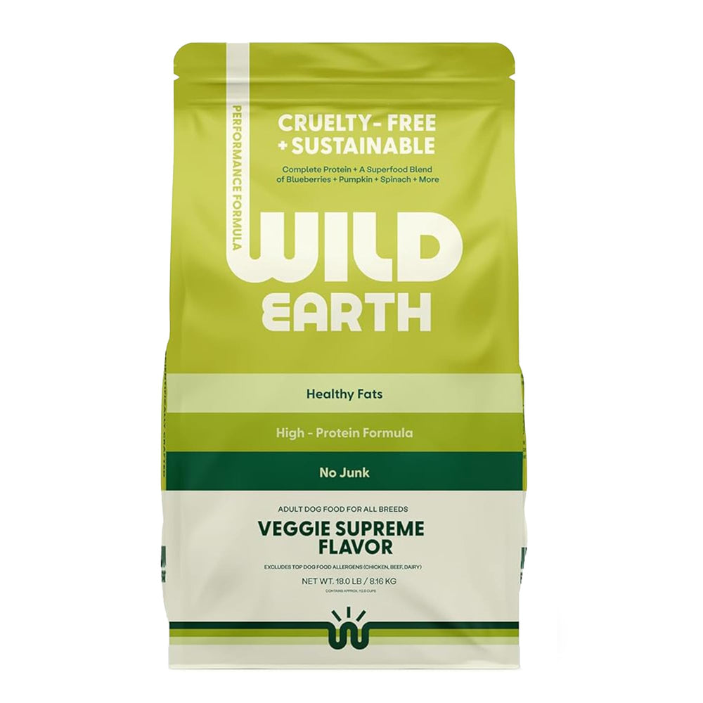 Wild Earth Veggie Supreme bag front showing plant-based nutrition for active dogs