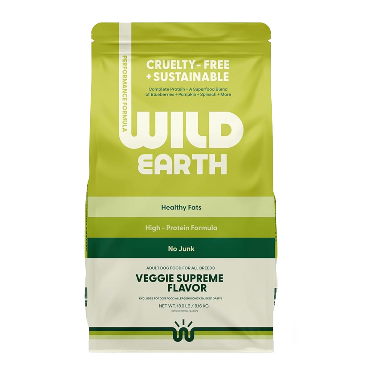 Wild Earth Veggie Supreme bag front showing plant-based nutrition for active dogs