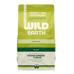 Wild Earth Veggie Supreme bag front showing plant-based nutrition for active dogs