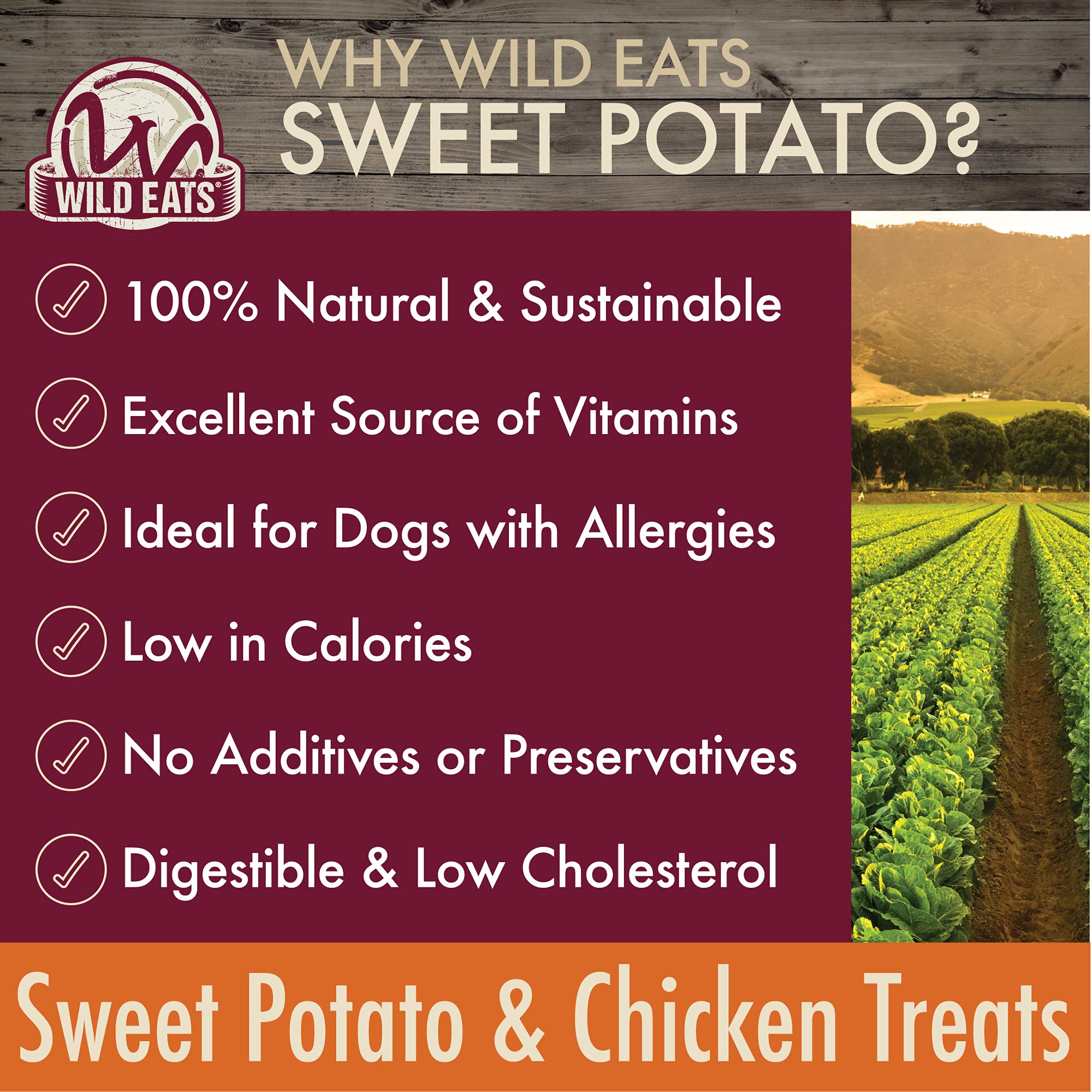 Wild Eats chicken-potato treats ingredient closeup shows protein, fiber, and digest-friendly nutrition.