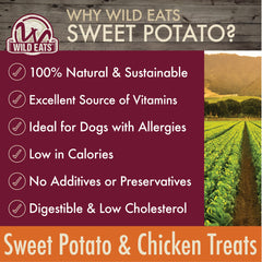 Wild Eats chicken-potato treats ingredient closeup shows protein, fiber, and digest-friendly nutrition.