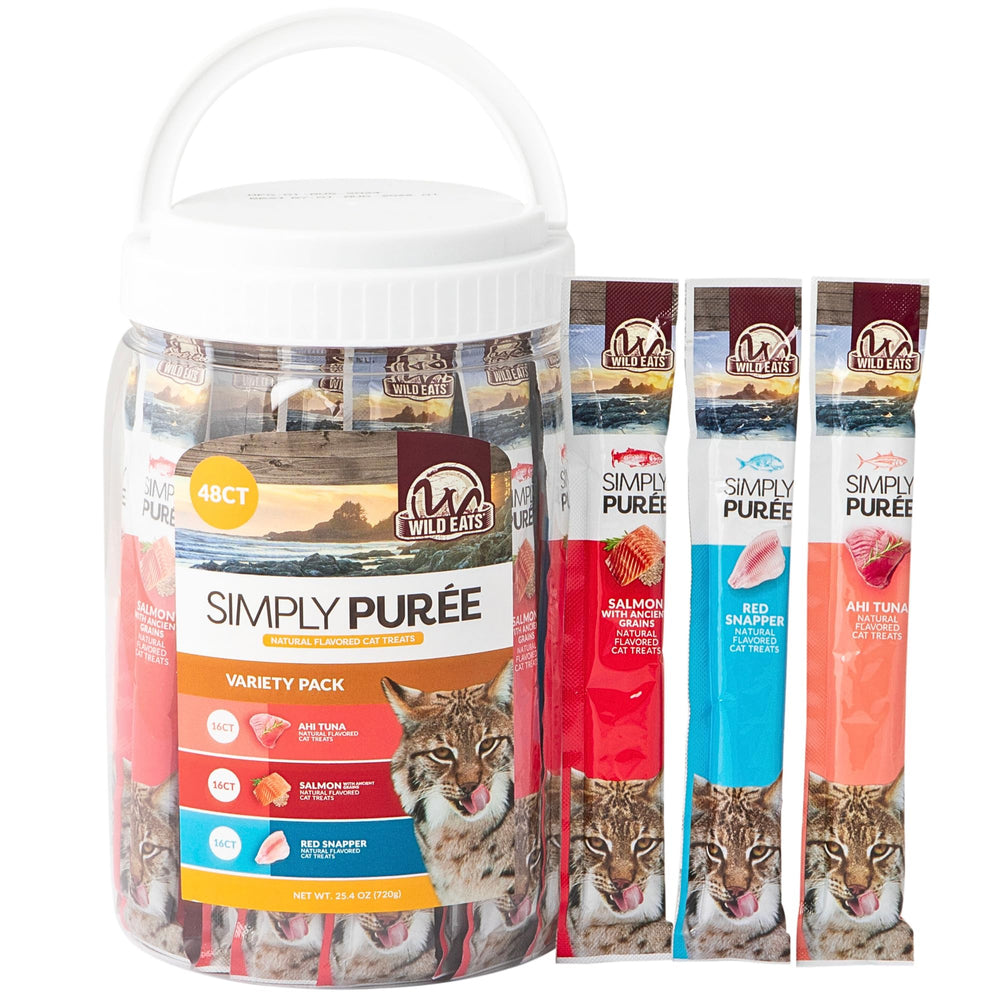 Wild Eats Simply Puree variety tub front view, grain-free and protein-packed for cats.