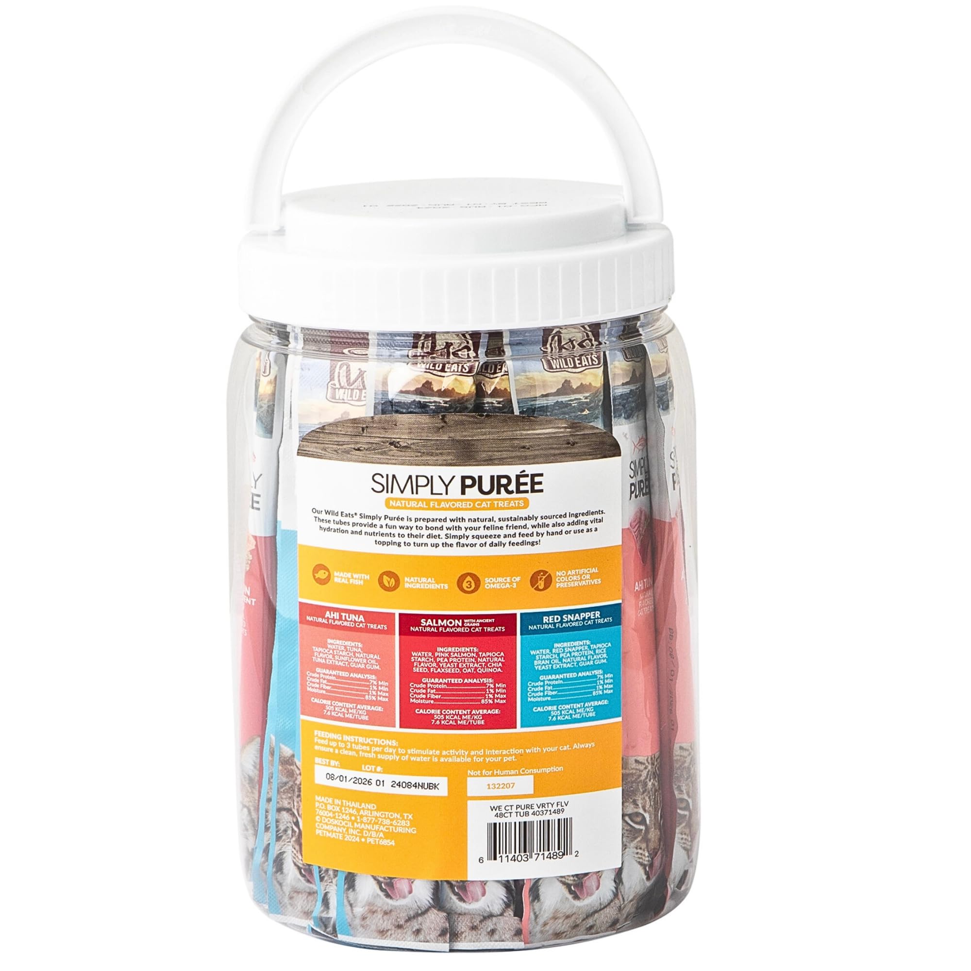 Wild Eats Simply Puree variety tub with lid open—palatable, convenient cat snack.