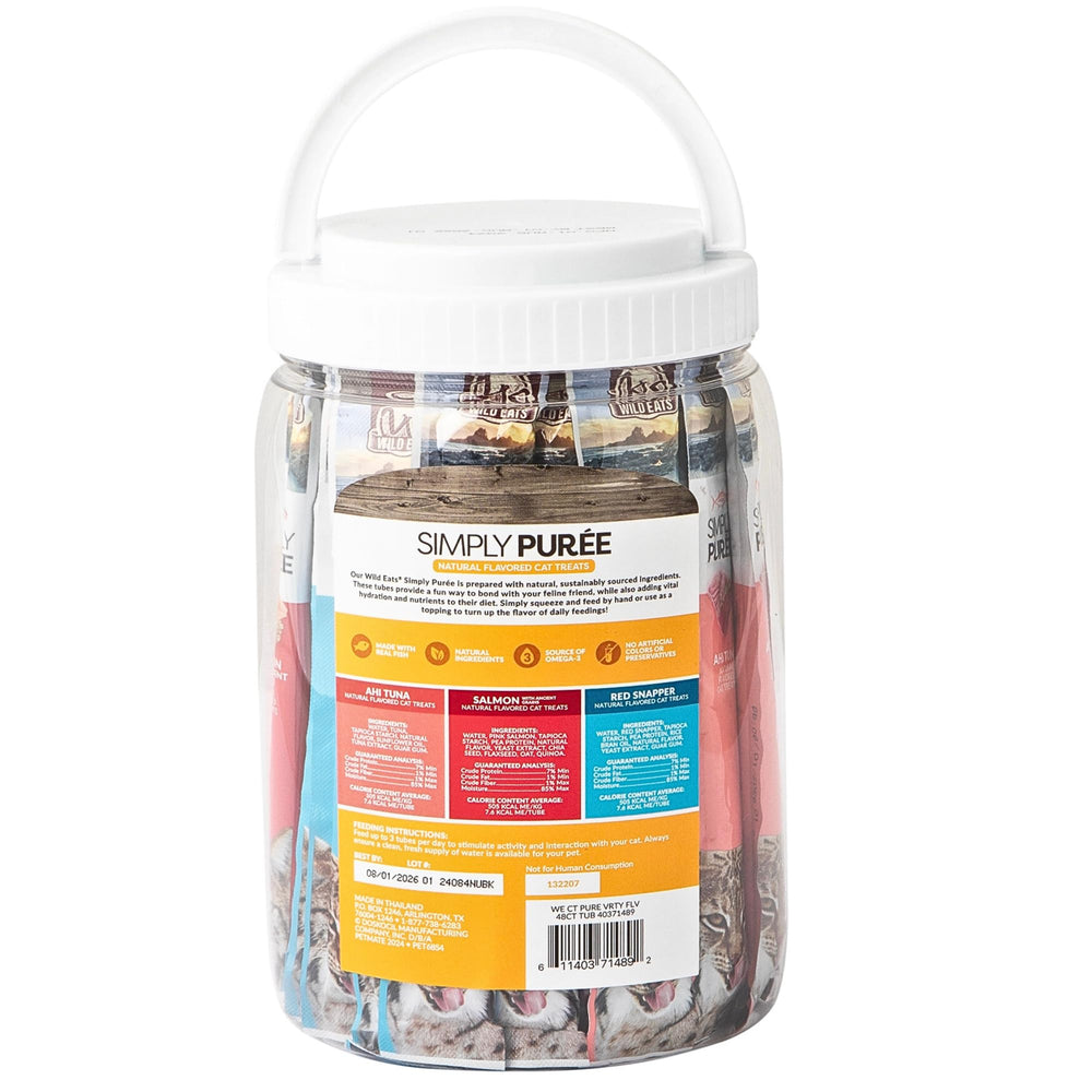 Wild Eats Simply Puree variety tub with lid open—palatable, convenient cat snack.