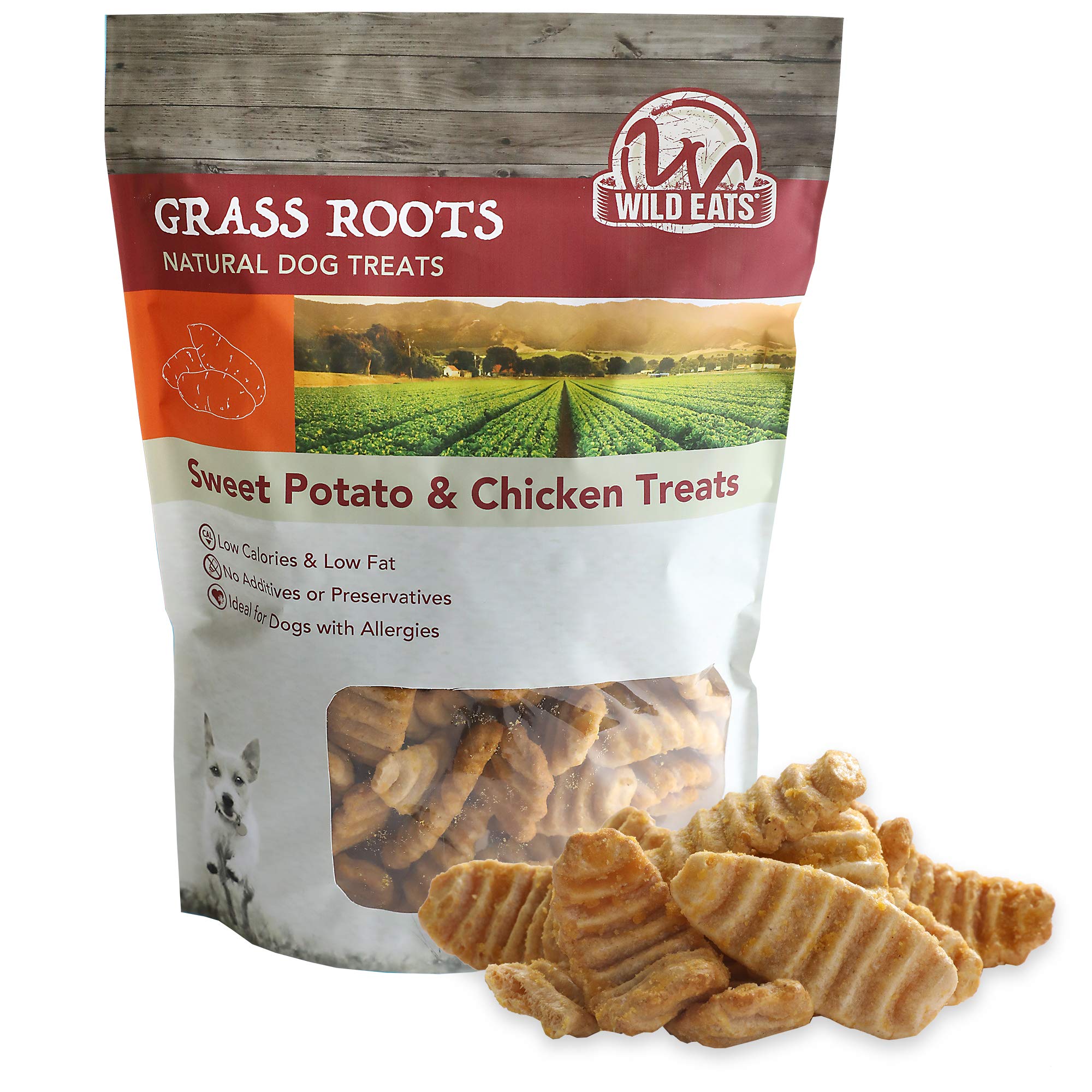 Wild Eats Sweet Potato & Chicken Treats bag closeup highlighting training rewards.