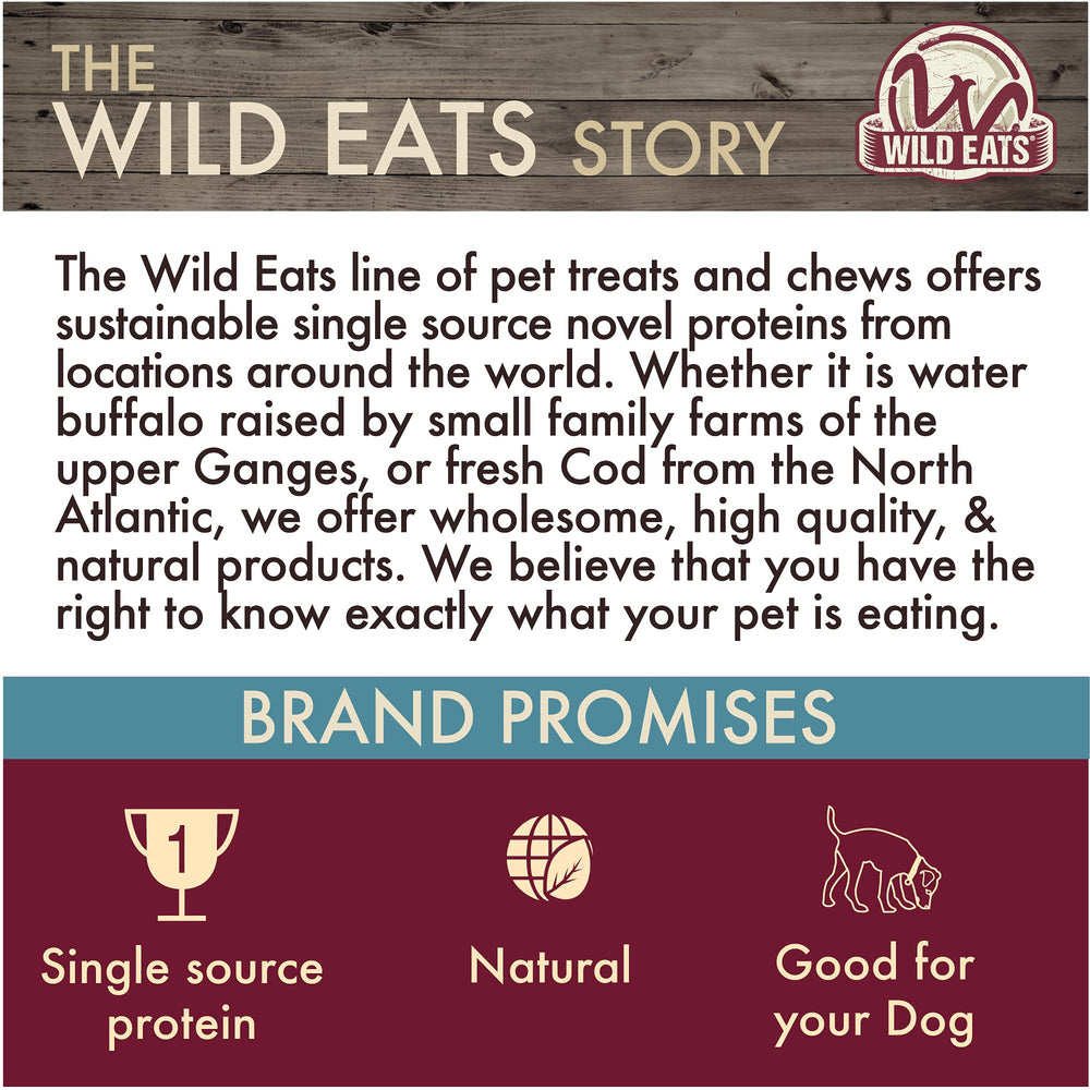 Wild Eats Water Buffalo ear pack front highlights sustainable sourcing and human-grade processing.